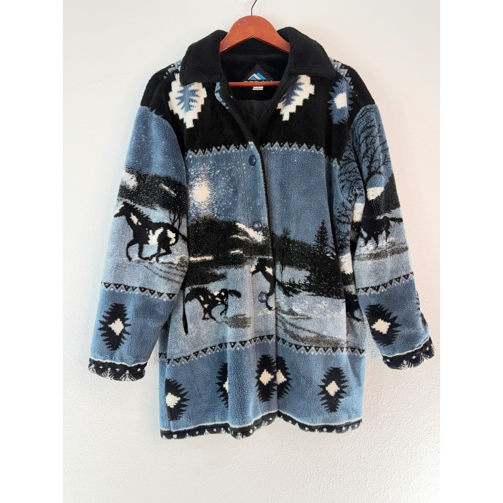 Vintage 90s Denali Blue Western Horse Aztec Fleece Jacket Winter Outdoors Small